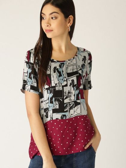 edc Grey Comic and Maroon Polka Dot Short Sleeve Top SIZE S อก 38" รูปที่ 2