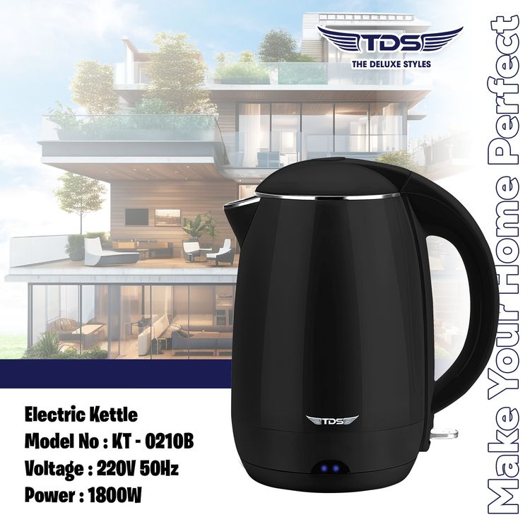 TDS Electric Kettle black กาต้มน้ำไฟฟ้า KT- 0210B heat-resistant food grade ABS plastic double wall silica and stainless steel with VDE plug