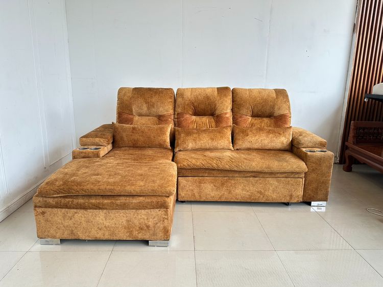 3 ที่นั่ง โซฟาเบด เบาะผ้ากำมะหยี่สีน้ำตาล พิงหลังปรับเอนได้ 3 ระดับ