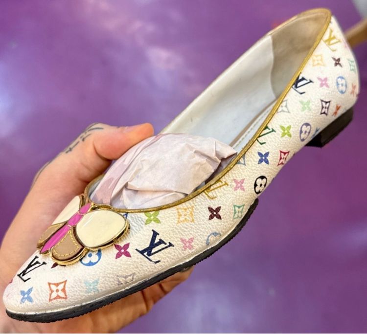 รองเท้าส้นแบน หลากสี หนังแท้ UK 3.5 | EU 36 | US 5 อื่นๆ รองเท้า Louis Vuitton White Multicolor Butterfly Ballerina Flats 