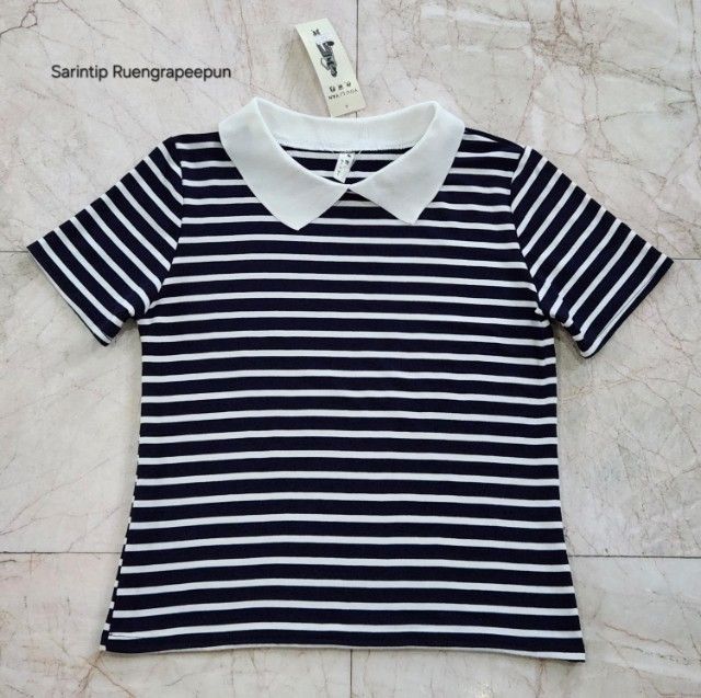 แขนสั้น เสื้อโปโล YOU LI YAN เสื้อไหมพรมคอปก ลายทางสีกรมท่า-ขาว
อก 36" 