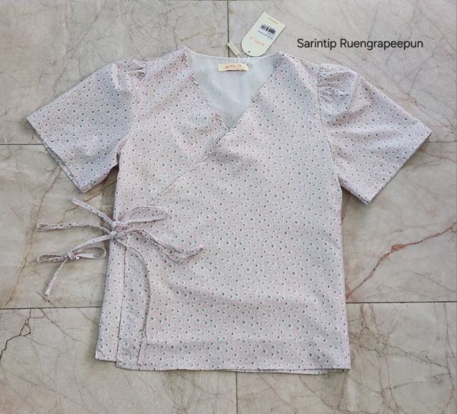 แขนสั้น ชมพู เสื้อเชิ้ตและเสื้อผู้หญิง with.it-TPW1094 bloom waist rope Pink freesize เสื้อผู้หญิงป้ายผูกเอว
