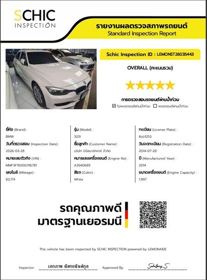 BMW Series 3 2014 320i Sedan เบนซิน ไม่ติดแก๊ส เกียร์อัตโนมัติ ขาว รูปที่ 3