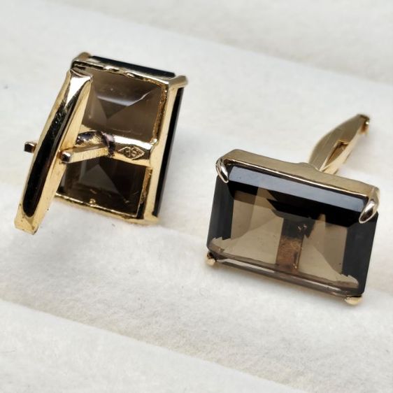อัญมณี กระดุมข้อมือและกระดุมเสื้อ 🔖คัพลิงก์สีทอง พลอยแท้ สโมกกี้ควอทซ์ (Smoky Quartz) มีตอกโค้ด งานจากต่างประเทศ