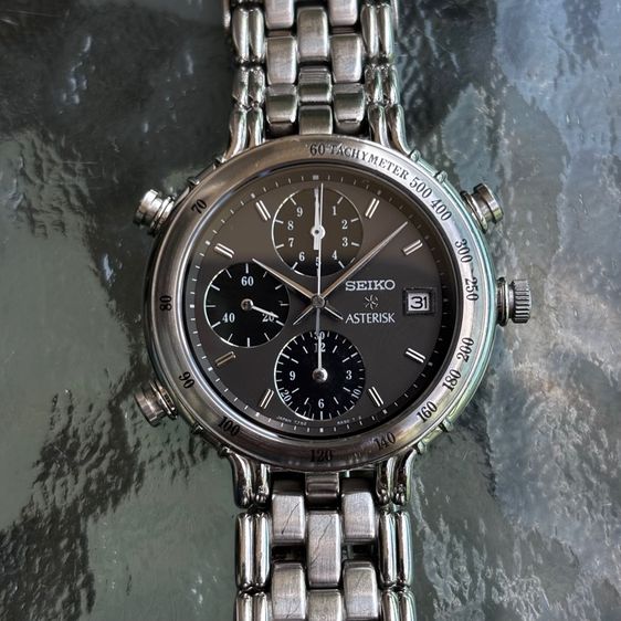 เทา ของหายากยุค 90s Seiko Asterisk Chronograph เข็มจับ 1 ใน 100 วินาที (Ref. 7T52-6A50) สภาพสวย สายบานพับตรงรุ่น