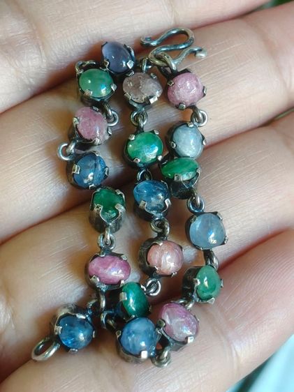 📌 สร้อยมืองานโบราณ งานสั่งทำ เงินแท้ พลอยแท้ 💙🩷💚  รูปที่ 2