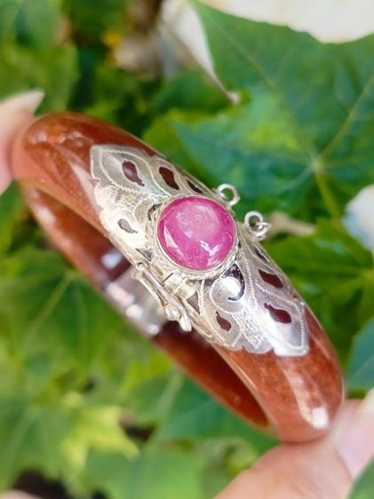 สร้อยข้อมือ กำไลหยกน้ำผึ้งแท้ หัวทับทิมแท้ เงินแท้