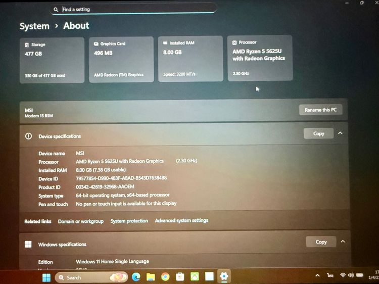 Notebook MSI Modern 15 Ryzen 5 SSD 512GB สภาพดี อุปกรณ์ครบ รูปที่ 3