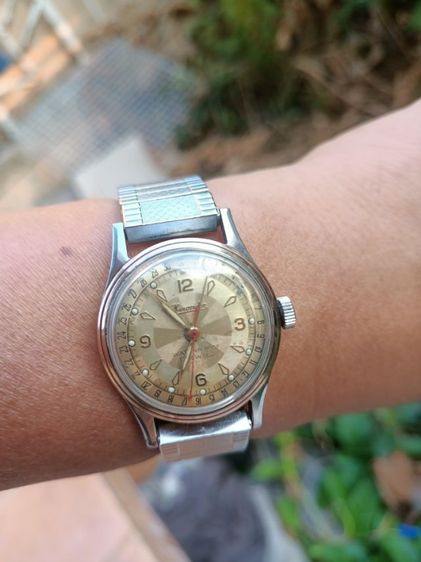 เงิน สแตนเลส Vintage Hirondor Classic date points Mens Watch Swiss made 1955-60's ไขลาน วันนี่กล้ามปู หน้าเฟดเก่าเหลือบแสง ขอบทอง 14 K. 31-35มม.boy size 
