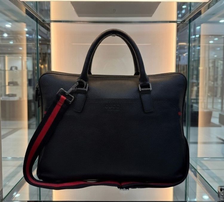 Gucci Leather Calfskin Web Strap Briefcase  Medium Business Case (Made in Italy)
