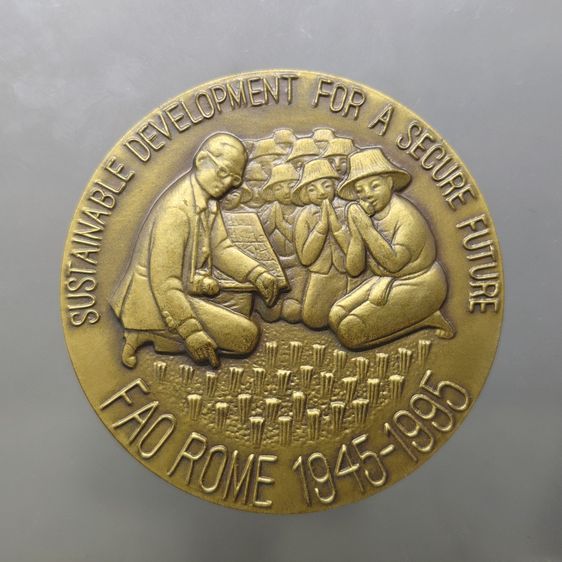 เหรียญที่ระลึกสดุดีพระเกียรติคุณ พระบาทสมเด็จพระเจ้าอยู่หัว แอกริโคลา FAO พ.ศ.2539 เนื้อโลหะบรอนซ์ ขนาด 5 ซม. พร้อมซองหนัง ใบเซอร์ รูปที่ 3