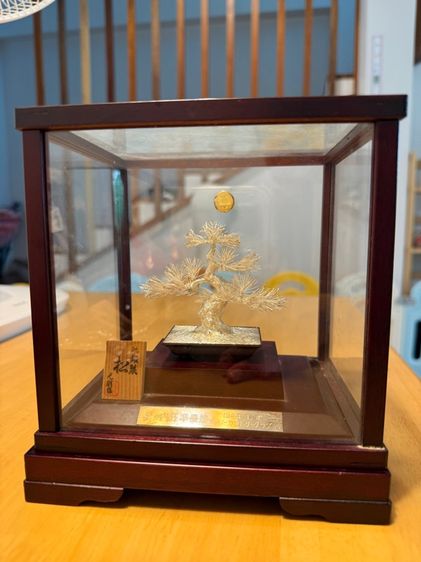 ขาย งานศิลป์ญี่ปุ่นแท้ “ต้นสนบอนไซเงินแท้ (純銀)” ลายเซ็นช่าง 光則 พร้อมตู้โชว์เดิม
