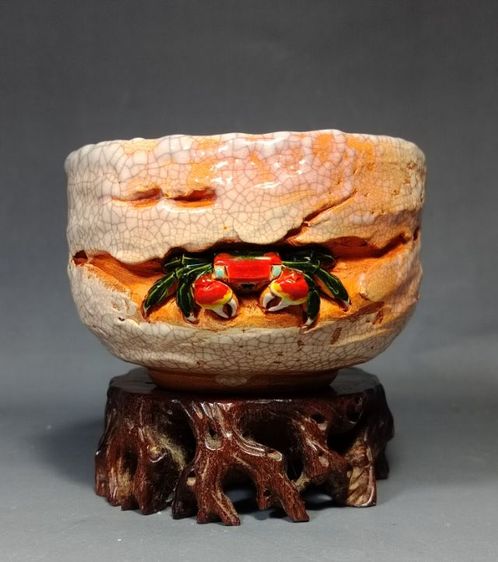 เซรามิคเก่า ถ้วยมัทฉะลายปูเครื่องปั้นดินเผา Rakuzan