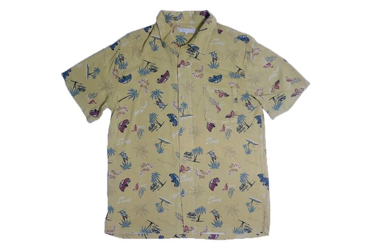 เสื้อฮาวาย Youtility ลายรถ-ต้นมะพร้าว-พื้นเหลือง (L 44)