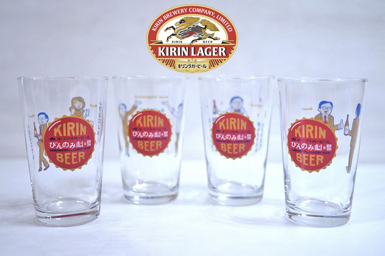 แก้วเบียร์เล็กญี่ปุ่นแท้ Kirin คิริน ลายการ์ตูนสไตล์ญี่ปุ่น (ยก 4 ใบ)