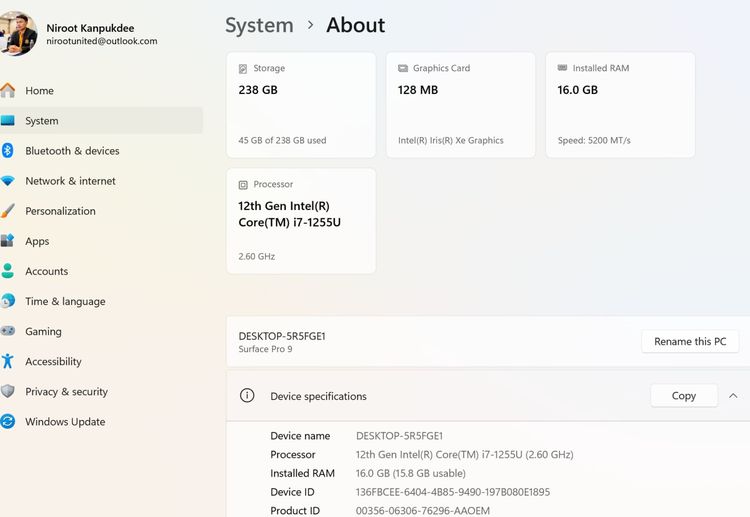Microsoft Surface Pro 9 ทัสกรีน ถอดจอได้ คีย์บอร์ด Bluetooth i7-1265U Ram16 SSD256 รูปที่ 3