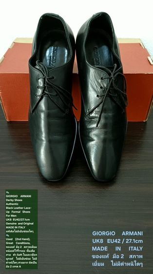 GIORGIO ARMANI, Men's Formal Leather Derby Shoes UK8 EU42(27.1cm) Original Made in Italy ของแท้ มือ 2 สภาพเยี่ยม หนังแท้ พื้นเต็ม สวยมาก รูปที่ 6