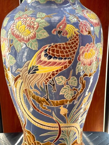 แจกันเซรามิก นกฟีนิกซ์และดอกโบตั๋น เก่าสะสม รูปที่ 3