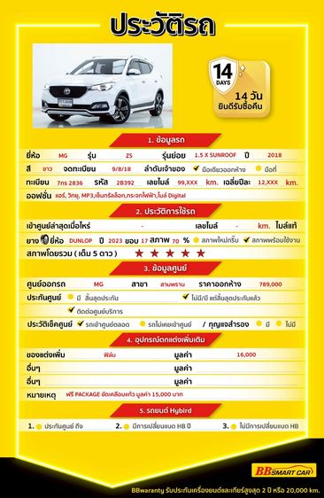 MG ZS 2018 1.5X+ Sunroof Sedan เบนซิน ไม่ติดแก๊ส เกียร์อัตโนมัติ ขาว รูปที่ 2