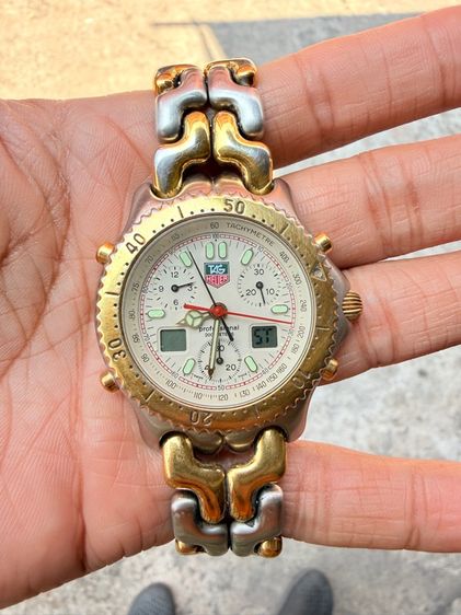 อื่นๆ Tag Heuer ก้างปลา 2tone King Size Chronograph Digital Quartz หน้าครีม กระจกคริสตัลแซฟไฟร์ ขนาด 38mm