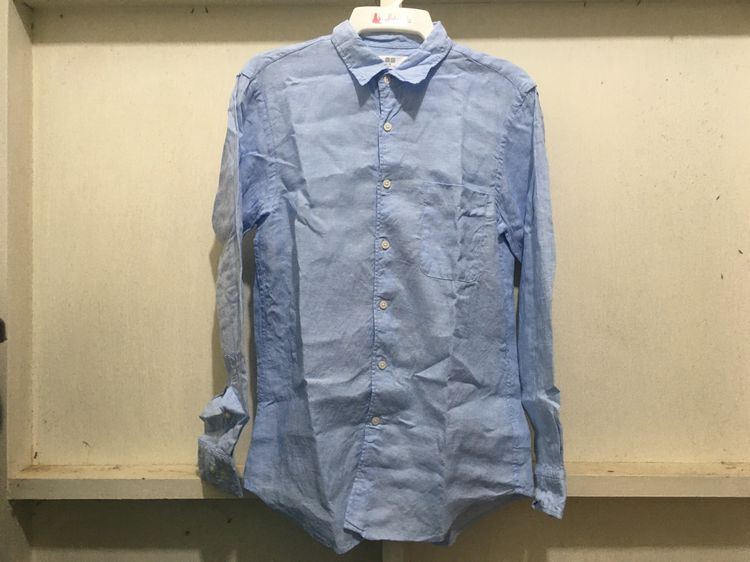 M แขนยาว เสื้อเชิ้ต ผ้าลินิน  แบรนด์ UNIQLO สีฟ้าพาสเทล