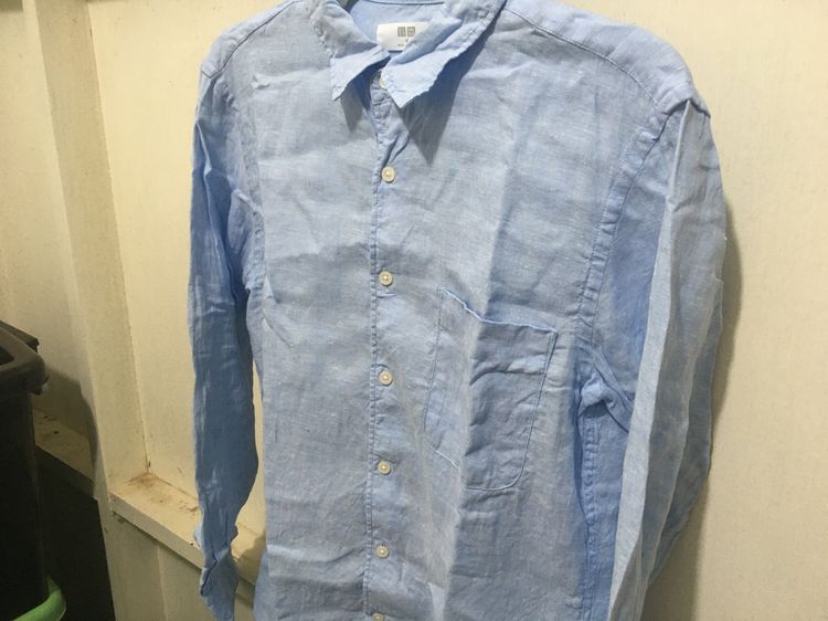 เสื้อเชิ้ต ผ้าลินิน  แบรนด์ UNIQLO สีฟ้าพาสเทล รูปที่ 5