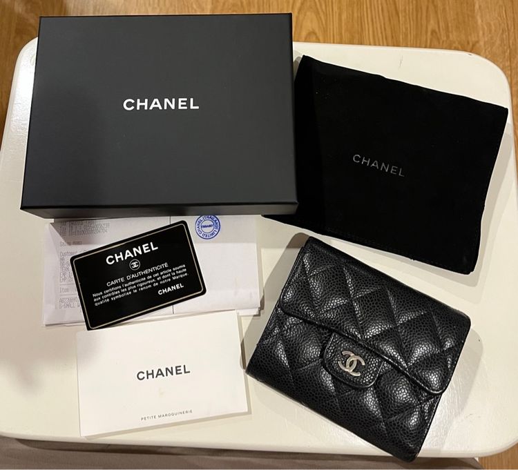 หญิง ดำ หนังแท้ Chanel tri-fold wallet