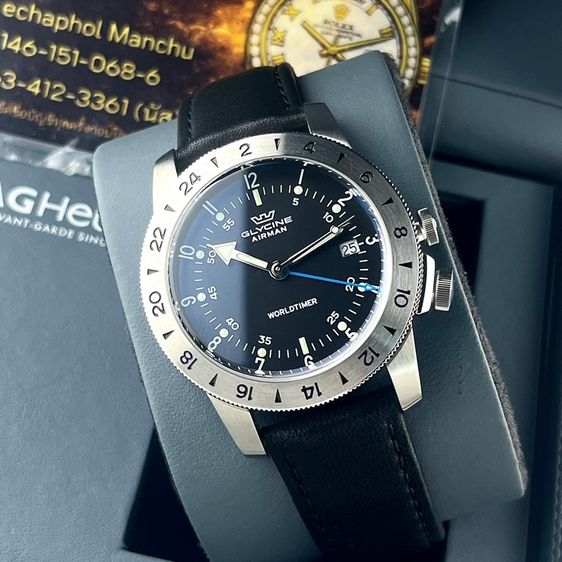 Glycine Airman Worldtimer  GMT Quartz Black Dial Swiss Made รูปที่ 9