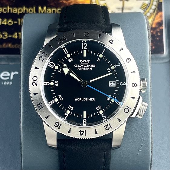 Glycine Airman Worldtimer  GMT Quartz Black Dial Swiss Made รูปที่ 2