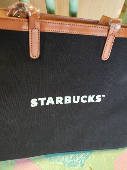 หญิง ดำ ขายกระเป๋า เนื้อผ้า สายหนัง สตาร์บัคส์ ไม่มีซิป แบบเปิด (Starbucks )