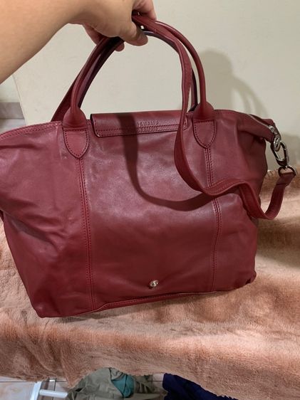 👜 Longchamp Le Pliage Cuir หนังแท้ สีแดงไวน์ หายาก Size M รูปที่ 3