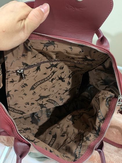 👜 Longchamp Le Pliage Cuir หนังแท้ สีแดงไวน์ หายาก Size M รูปที่ 6