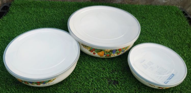 ชุดชามเคลือบ Enamel แนววินเทจ ลายผลไม้ (Fruit Concert) สามชิ้น พร้อมฝาปิด นำเข้าจากญี่ปุ่น รูปที่ 3