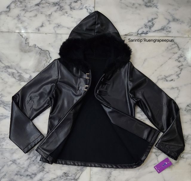 Trendy Zone Black Hooded Leather Jacket อก 36" รูปที่ 6