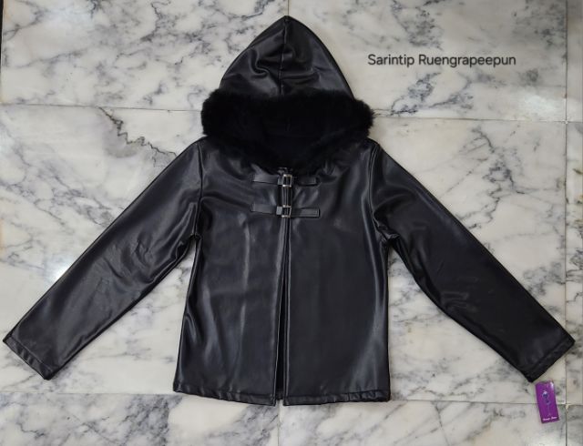 Trendy Zone Black Hooded Leather Jacket อก 36" รูปที่ 2