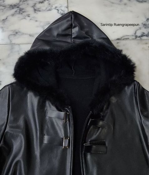 Trendy Zone Black Hooded Leather Jacket อก 36" รูปที่ 4