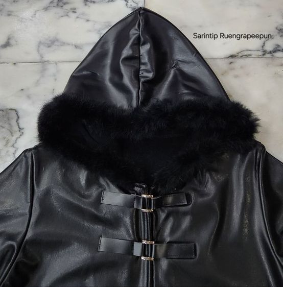Trendy Zone Black Hooded Leather Jacket อก 36" รูปที่ 3