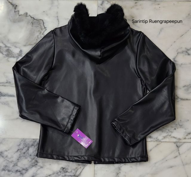 Trendy Zone Black Hooded Leather Jacket อก 36" รูปที่ 7