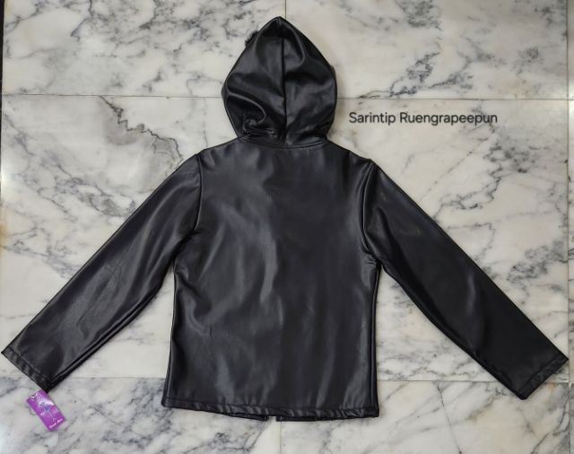 Trendy Zone Black Hooded Leather Jacket อก 36" รูปที่ 8