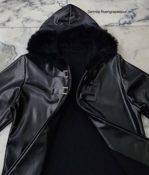 Trendy Zone Black Hooded Leather Jacket อก 36" รูปที่ 5