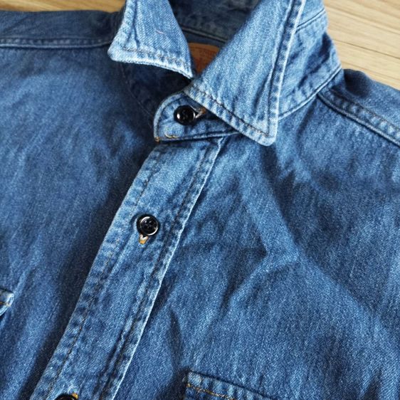 Vtg. 70s Levi's Orange Tab Denim Jean Work Shirt Black Button Indigo Cotton Medium Size  รูปที่ 7