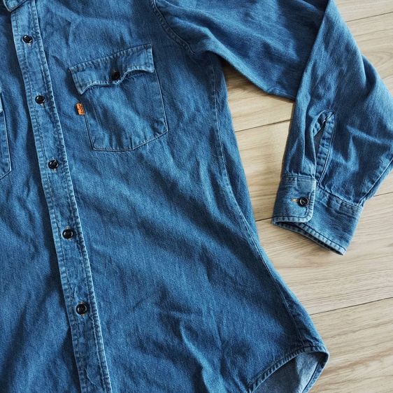 Vtg. 70s Levi's Orange Tab Denim Jean Work Shirt Black Button Indigo Cotton Medium Size  รูปที่ 3