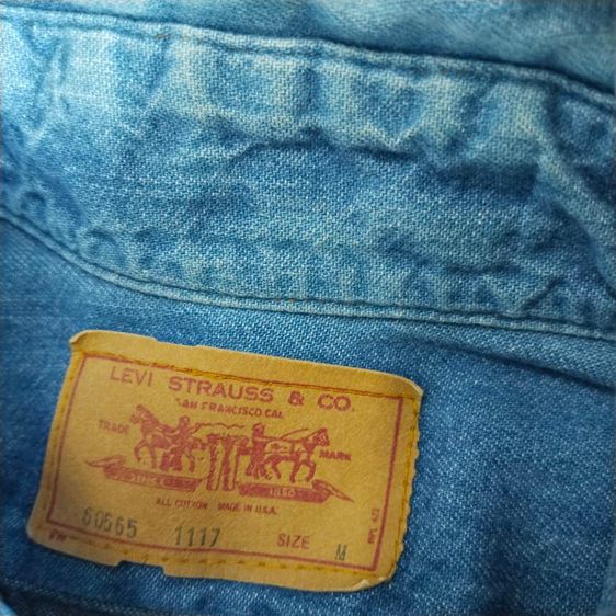 Vtg. 70s Levi's Orange Tab Denim Jean Work Shirt Black Button Indigo Cotton Medium Size  รูปที่ 10