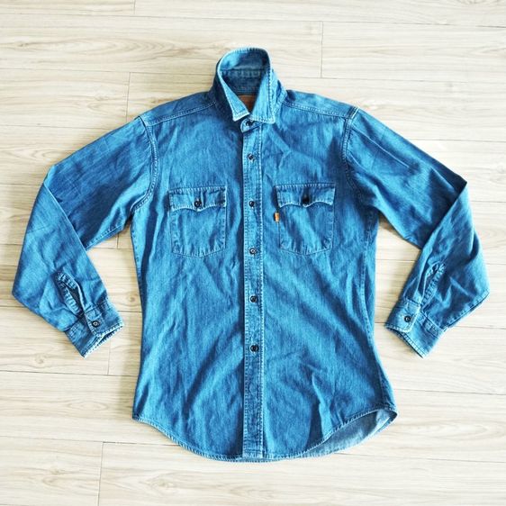 Vtg. 70s Levi's Orange Tab Denim Jean Work Shirt Black Button Indigo Cotton Medium Size  รูปที่ 2