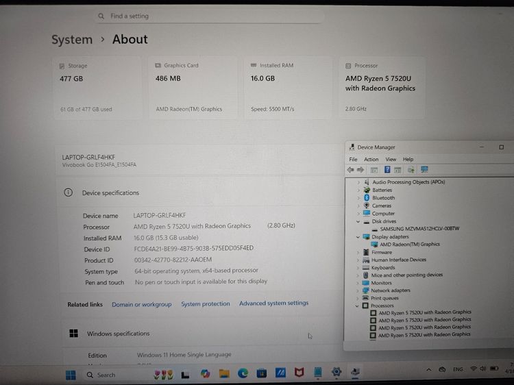 VivoBook 15 Ryzen5 7520u+ readeon Graphic+Ram16g+ssd512 เครื่องสวย ประกันยาวๆ  รูปที่ 8