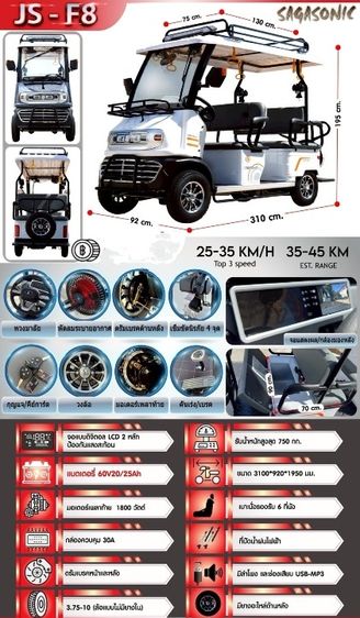  รถกอล์ฟไฟฟ้าขนาดใหญ่ 6 ที่นั่ง 1800 วัตต์   รุ่นล่ามาใหม่ ปี2026  ใช้งานอเนกประสงค์ Sagasonic F8  มอเตอร์ 1800 w. 72v. 20AH. แบตเตอรี่ 12V2