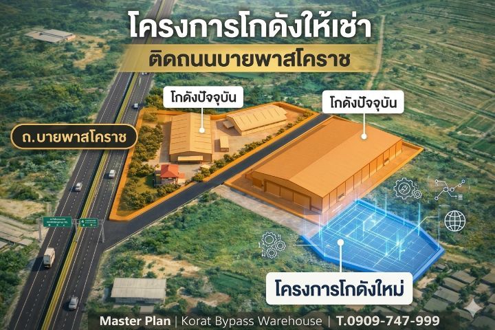 📢 ให้เช่าโกดังสร้างใหม่ 1,000 ตร.ม. (บายพาส โคราช ใกล้ M6)  เปิดจอง Pre-Lease ปรับสเปคได้ตามการใช้งานจริง