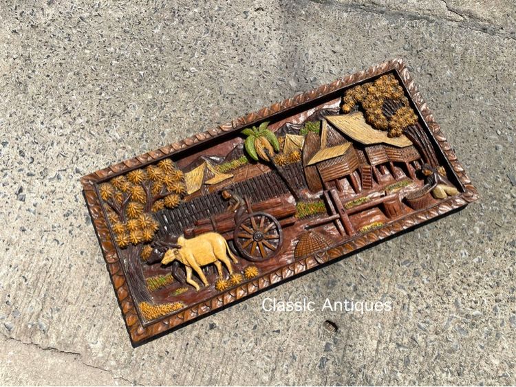 แผ่นไม้สักแกะสลัก วิถีชีวิตชนบท เก่าโบราณสะสม