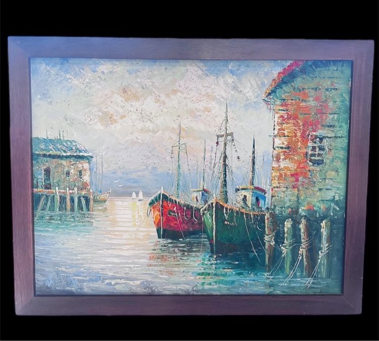 ภาพวาดสีน้ำมันบนผ้าใบแนวทิวทัศน์ท่าเรือ