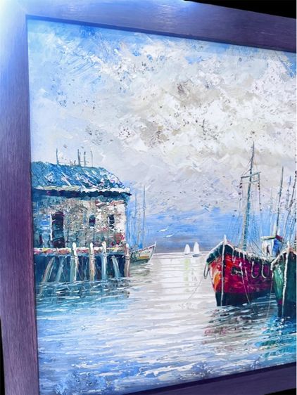 ภาพวาดสีน้ำมันบนผ้าใบแนวทิวทัศน์ท่าเรือ รูปที่ 2